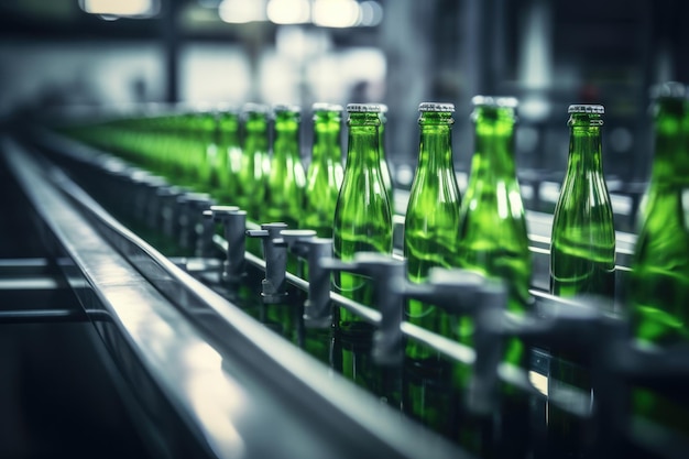 Empty glass bottles on conveyor belt bottling plant