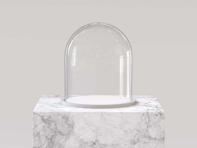 Photo empty glass dome with white tray on white marble podium. 3d rendering.