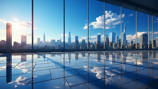 Empty glass floor of modern office building and blue sky