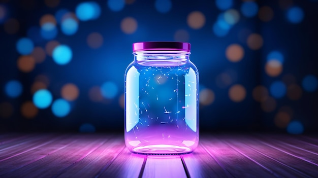 Empty glass jar at night with copy space and blue