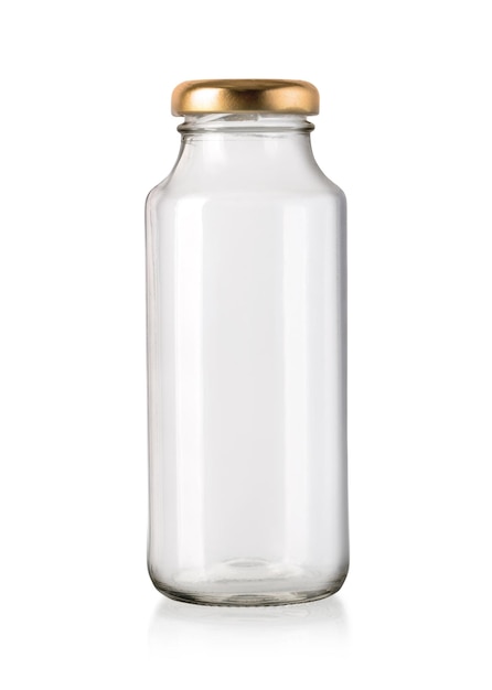 クリッピングパスで白に隔離された金色のキャップを持つ空のガラスの瓶