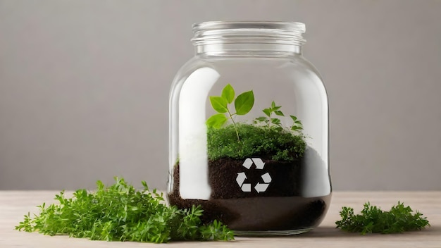 Empty glass jar zero waste mockup on isolated background inside with earth and a green treegrowing