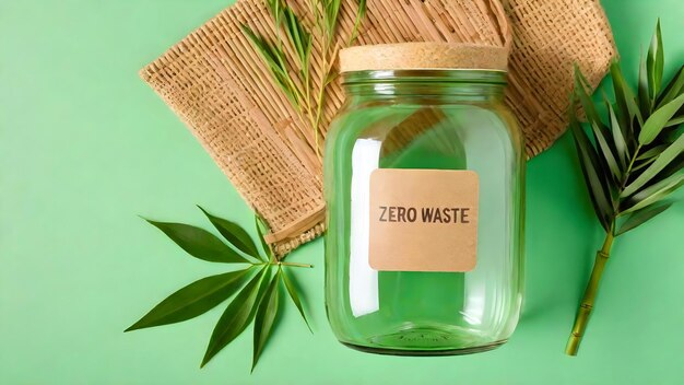 Empty glass jar zero waste mockup on isolated on green background banner Top view wallpaper 8k