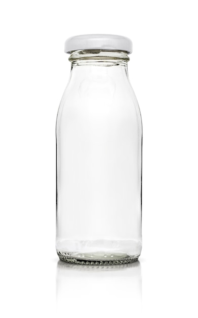 白い背景で隔離の空のガラス包装ボトル