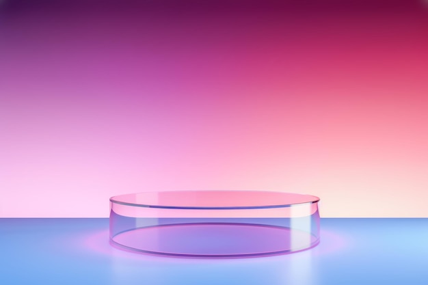 Empty glass round podium against purple pink and blue gradient colors background