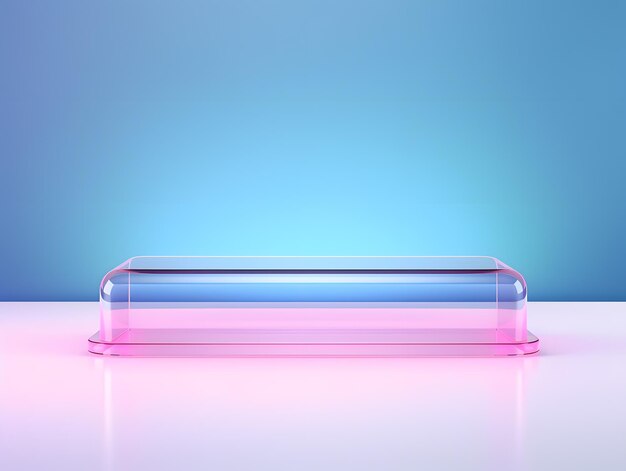 Empty glass showcase for product presentation blue and pink glow 3d render Abstract background