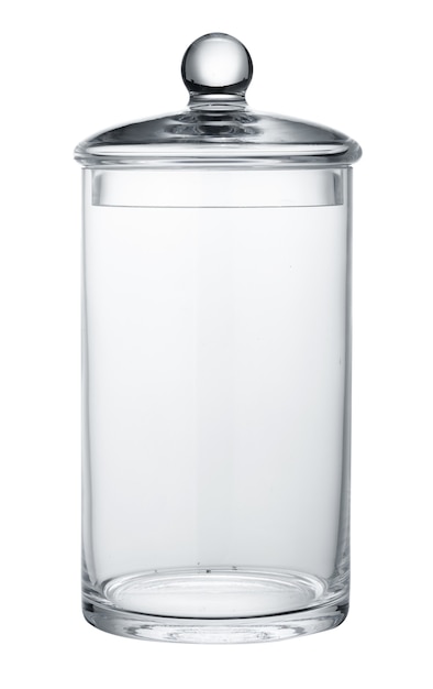 白で隔離される空のガラス貯蔵容器