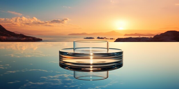 Empty glass table on crystal water surface on sunset sky background Show case for natural cosmetic products Concept scene stage for new product promotion sale and presentation