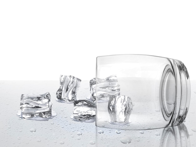 Empty glass with ice cubes on a white background 3d render