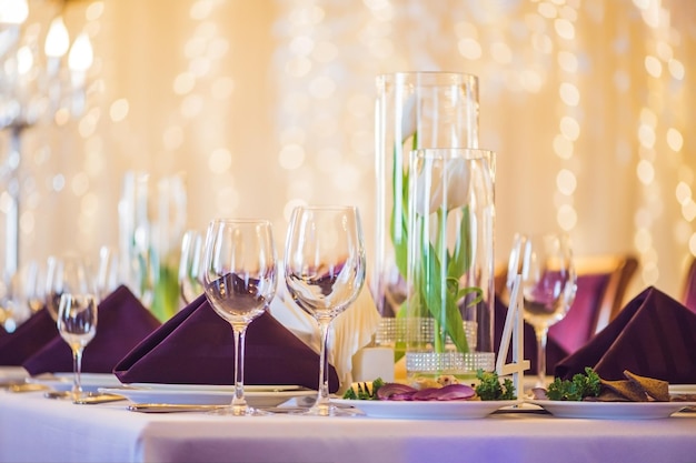 Empty glasses set in restaurant. Catering service concept.