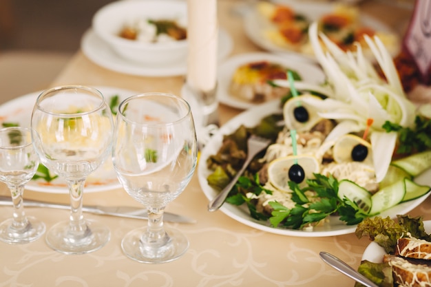 Empty glasses set in restaurant