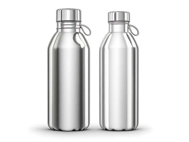 Empty Glossy Metal Reusable Water Bottle with Silver Bung Set Design template of Packaging Mockup