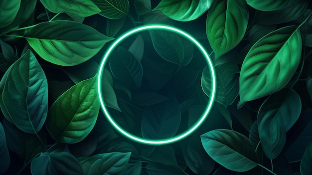 empty glowing green neon circle frame on the background of green leaves