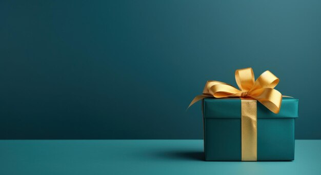 an empty gold gift box on an turquoise background