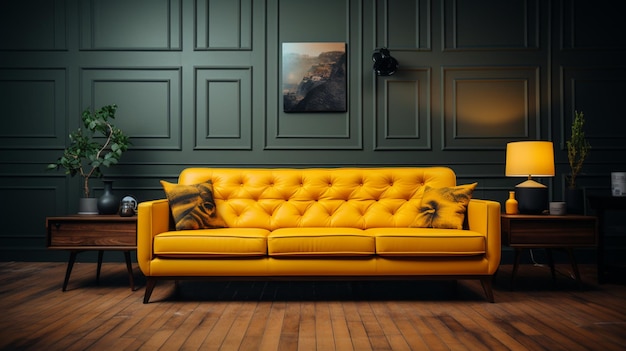 Empty golden mustard sofa in living room