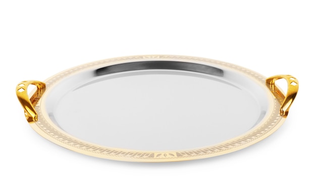 Empty golden plate isolated over white background