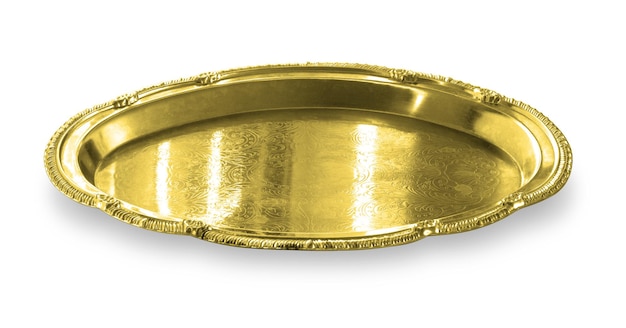 empty golden tray isolated on white background