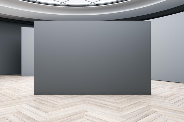 Empty gray billboard in exhibition hall interior with wooden flooring mock up place Gallery concept 3D Rendering