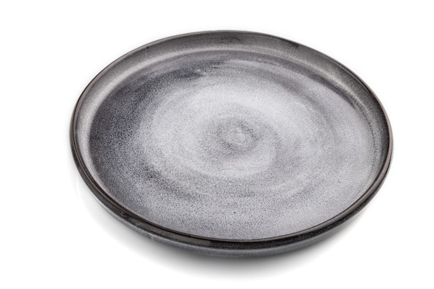 Empty gray ceramic plate isolated on white background. Side view,