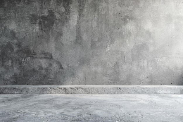 Empty gray room with concrete backdrop and shelf for display