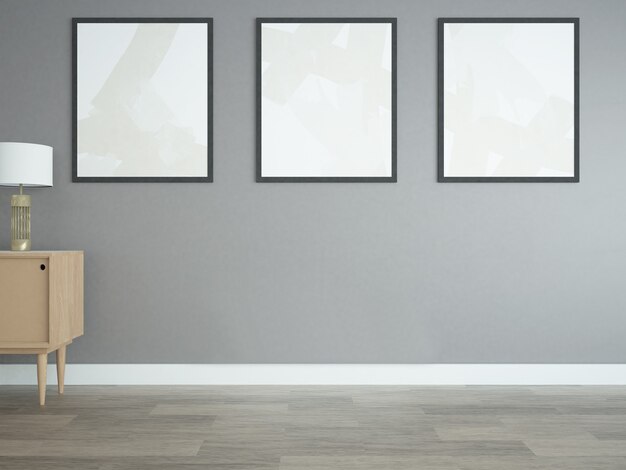 Empty gray room with three poster template