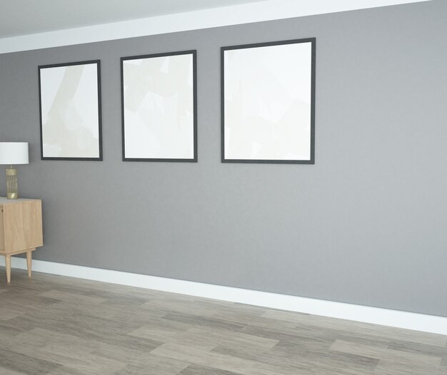 Empty gray room with three poster template