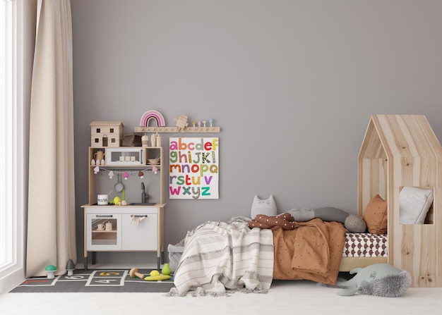 写真 モダンな子供部屋の空の灰色の壁スカンジナビアスタイルのインテリアをモックアップ写真やポスター用のスペースをコピーベッドのおもちゃ子供用の居心地の良い部屋3dレンダリング
