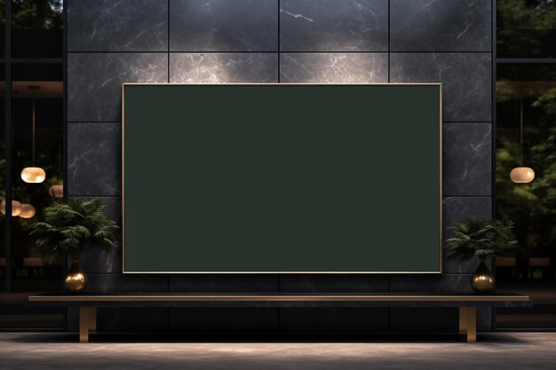 Empty green chalkboard on black marble wall Mock up