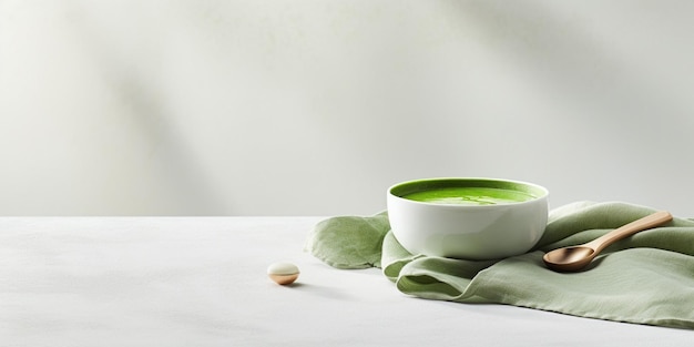 Empty green soup bowl with tablecloth and spoon on white marble table Generative AI