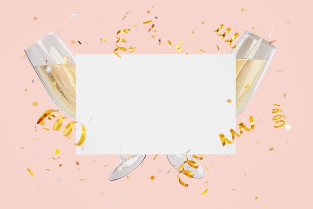 empty greeting card with golden confetti and glasses full of champagne around celebration christmas and new year concept 3d rendering