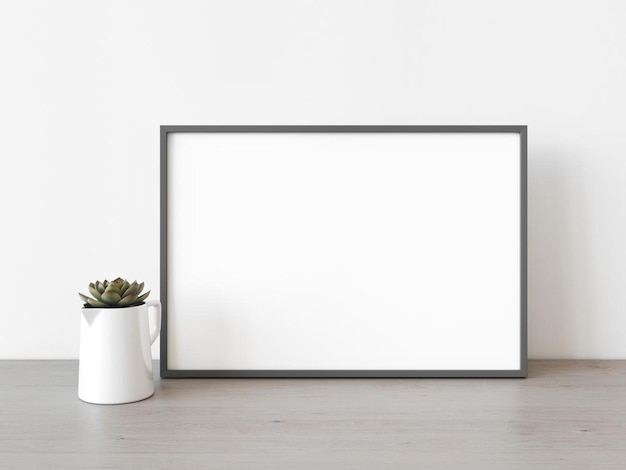 Photo empty grey rectangular horizontal frame stands on light wood table against wall mockup of poster