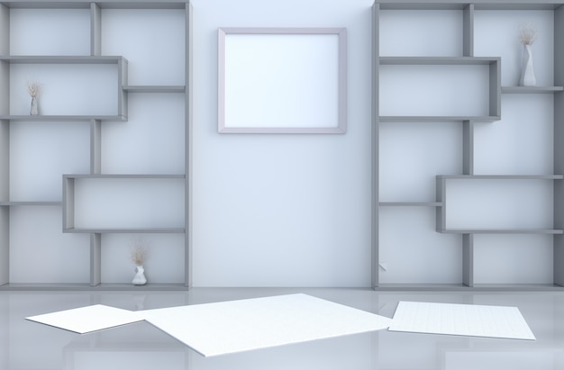 Empty grey  room decor with shelves wall, 3D render