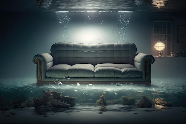 Photo empty grey submerged sofa in flooded flat interior illuminated by flashlight created with generative