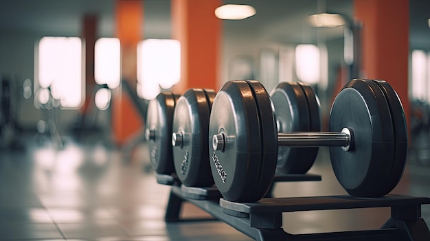 Empty gym with lots of barbells and dumbbells closeup Fitness center with strength training machines for weightlifting and bodybuilding