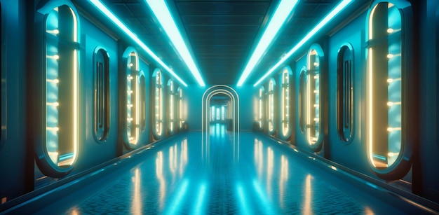 An empty hallway with bright tubes