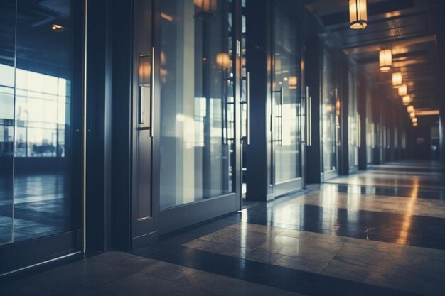 an empty hallway with glass doors and lights