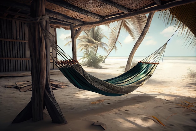 Empty Hammock on Beach Paradise Island Relax Vacation Abstract Generative AI Illustration