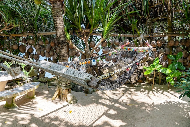 Пустой гамак на красивом тропическом пляже у моря в саду таиланда