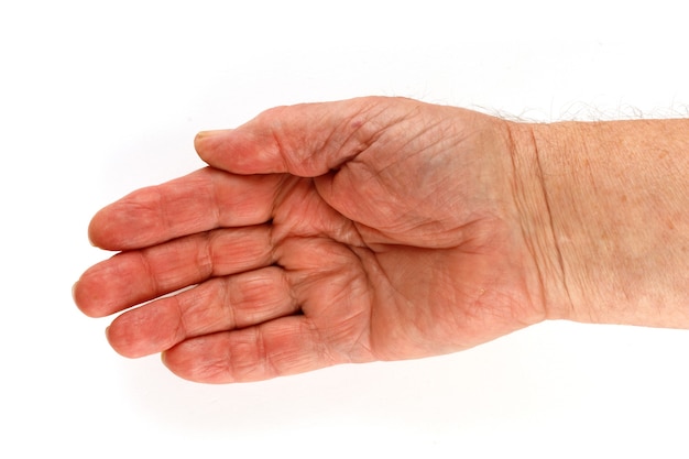 Empty hand and palm of senior pensioner isolate close-up