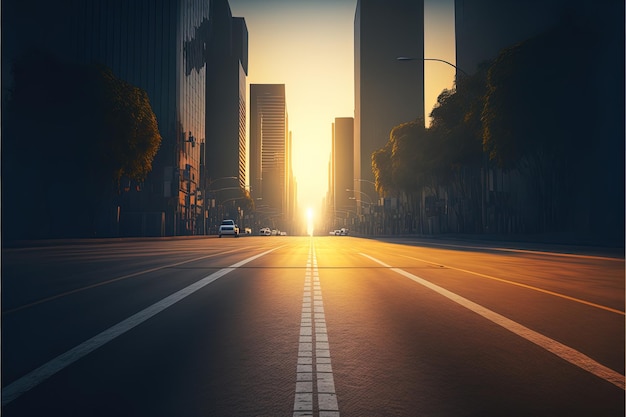 Empty highway road with high buildings on sunset urban landscape background with skyscrapers with orange sun