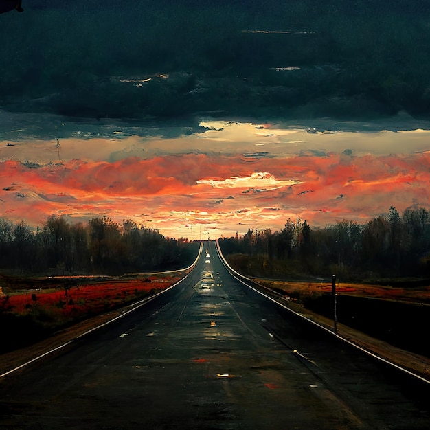 empty highway, serene sunset