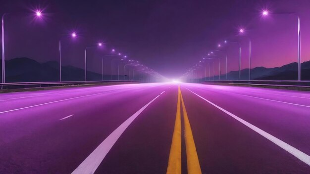 Empty highway with spotlights color purple dynamism and speed 3d render