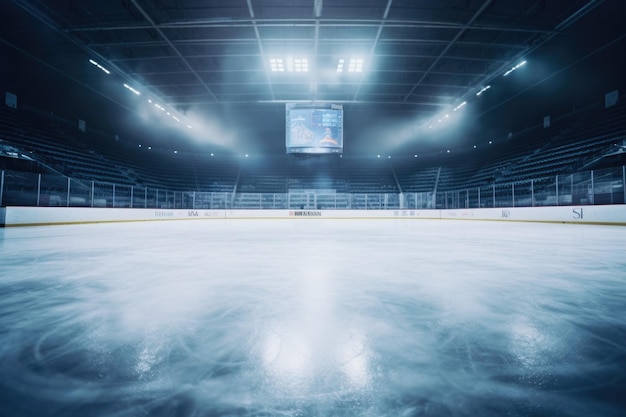 Photo an empty hockey rink with lights illuminating the ice perfect for sportsthemed designs and hockeyrelated projects