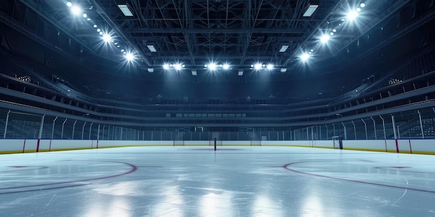 Photo an empty hockey rink with lights illuminating the ice suitable for sportsrelated designs and concepts