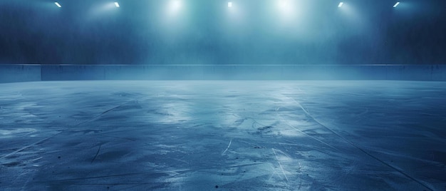 Photo an empty hockey rink with a mystical fog and bright overhead lighting