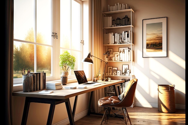 Empty home office room bathed in warm light from large windows in clic interior design