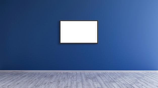 Empty horizontal black frame mockup design on a blue wall room for prints and photos.