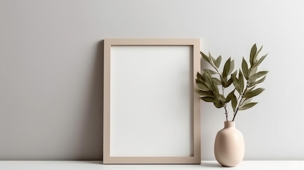 Empty horizontal frame mockup in modern minimalist interior with plant in trendy vase Generative AI