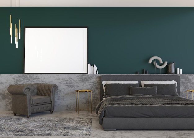 Empty horizontal picture frame on green wall in modern bedroom mock up interior in contemporary style free copy space for your picture poster bed carpet lamp 3d rendering