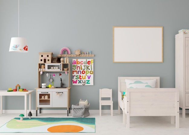 Cornice orizzontale vuota sul muro nella moderna stanza dei bambini mock up interni in stile scandinavo contemporaneo spazio libero per la copia delle foto giocattoli da letto camera accogliente per bambini rendering 3d